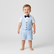 D06902B: Baby Boys Shirt With Mock Waistcoat, Bow Tie & Chambray Shorts Outfit (2-5 Years)
